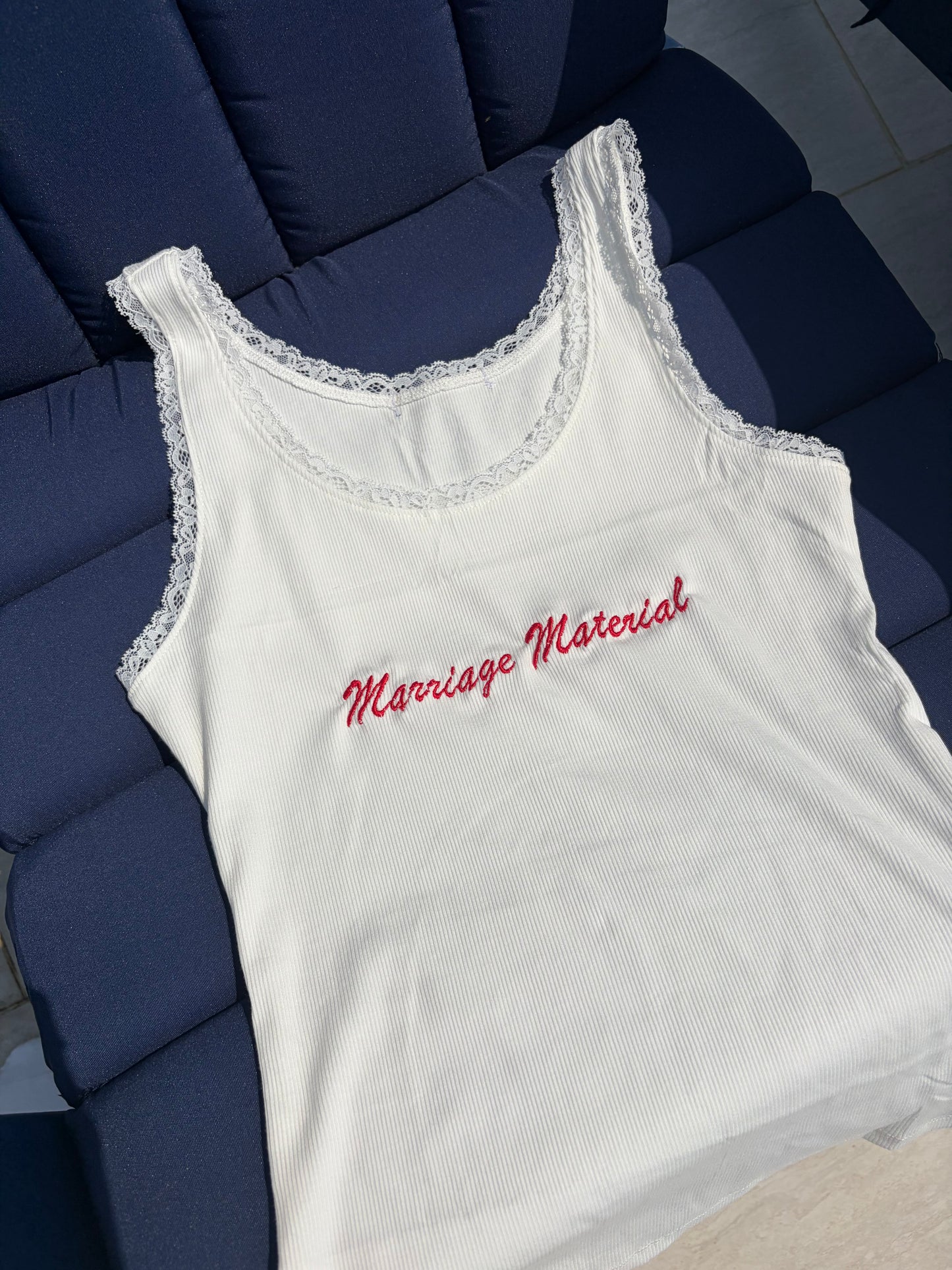 Custom embroidered lace trim ribbed tank top
