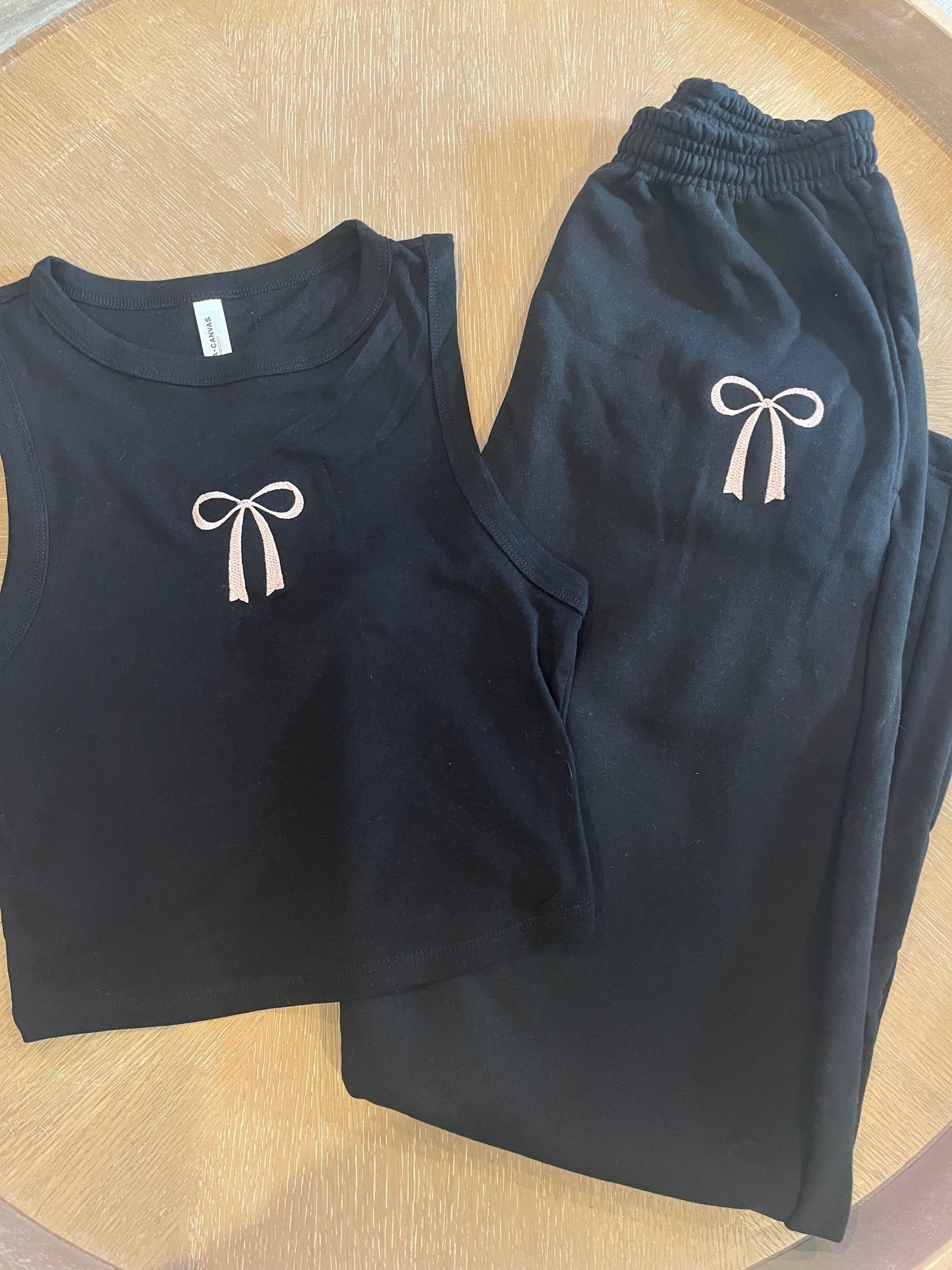 Bow embroidered tank and sweatpants set