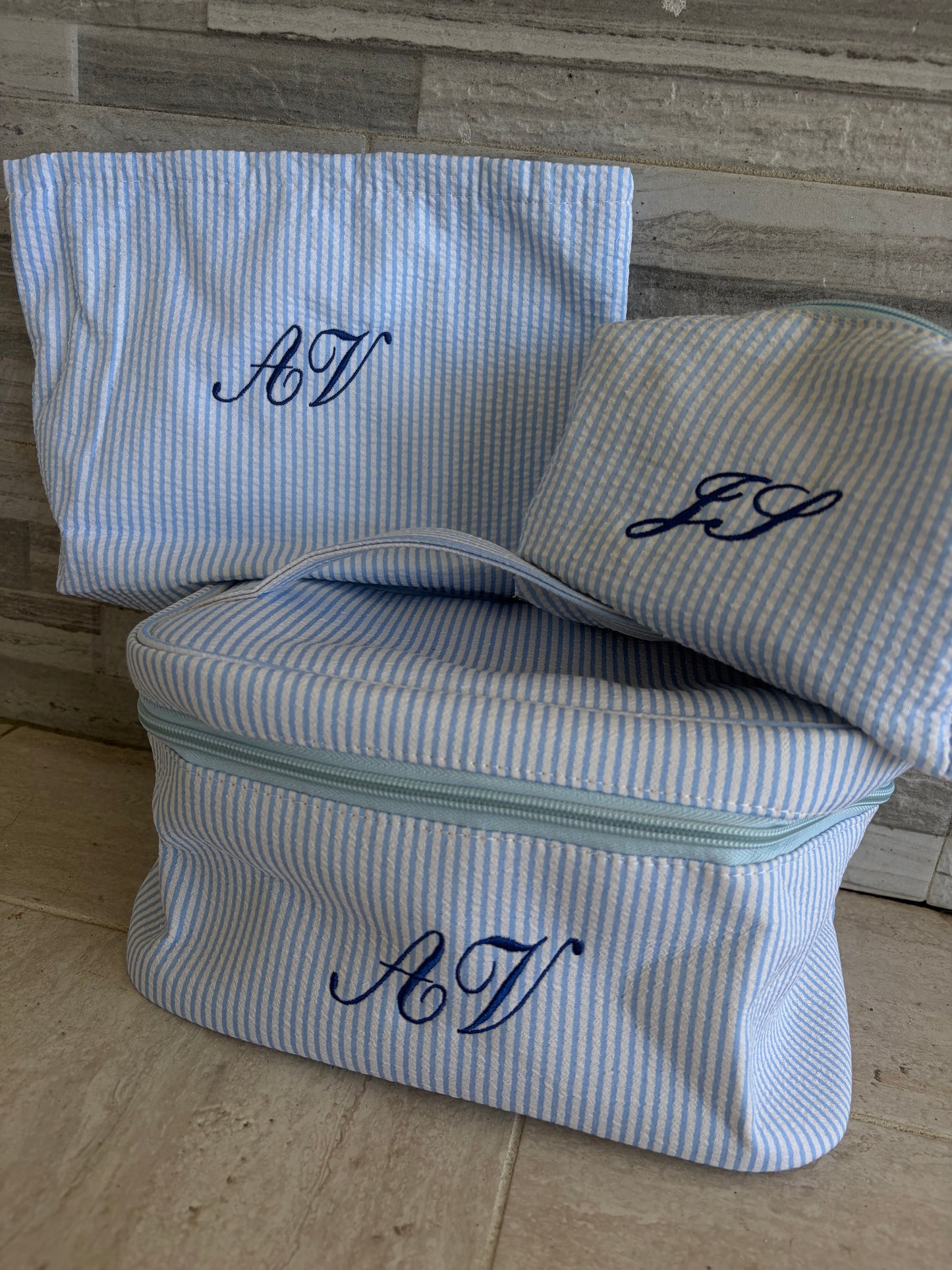 3 piece striped embroidered makeup/toiletry bags