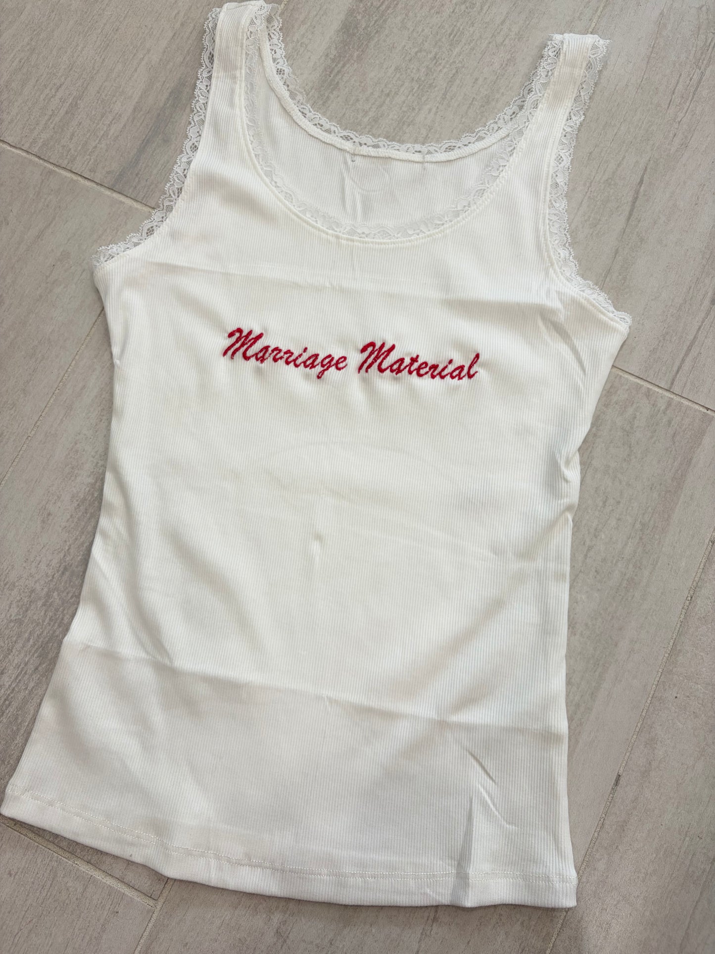 Custom embroidered lace trim ribbed tank top