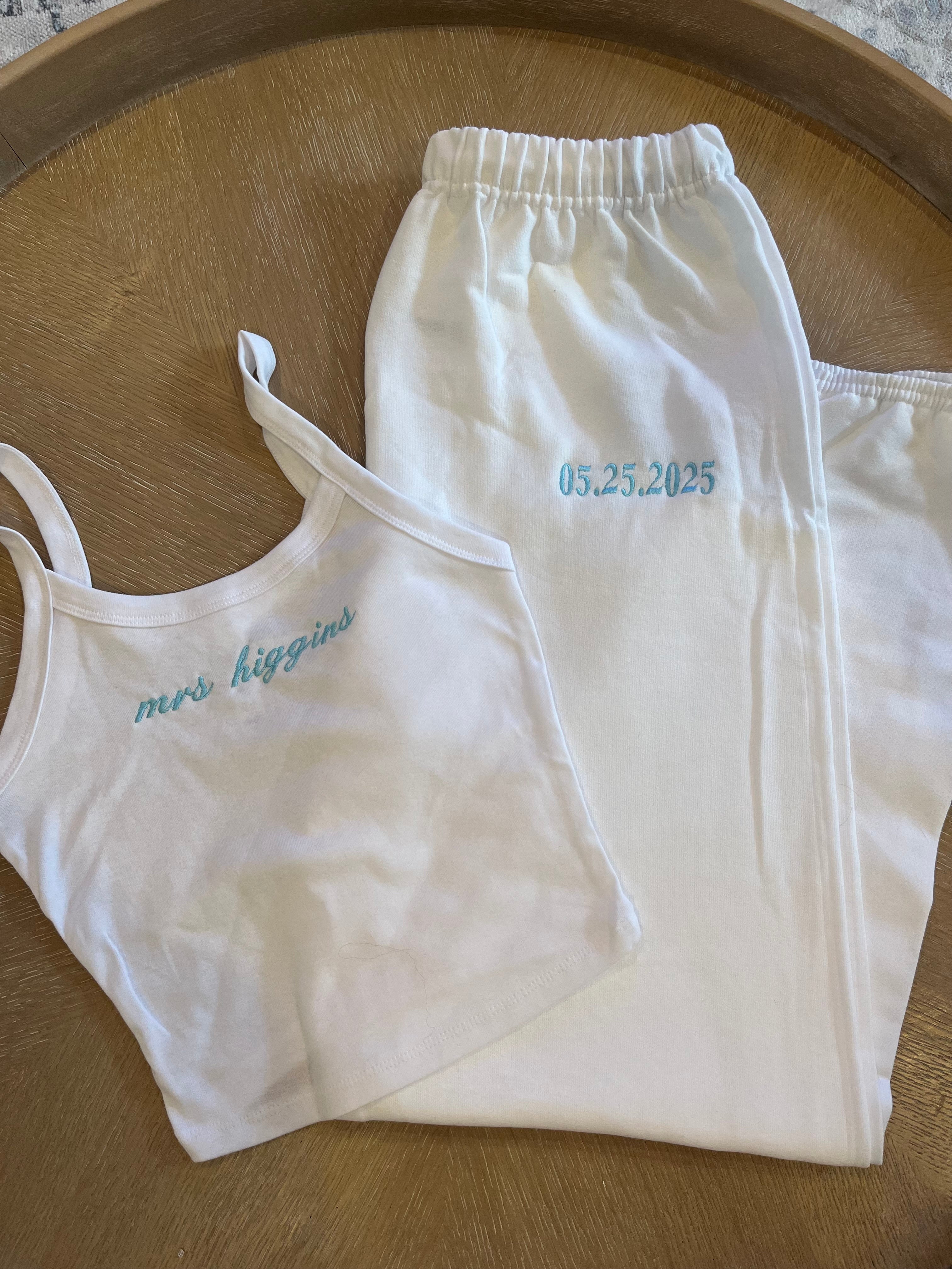 Custome Embroidered Bride Set sz S - Top: Mrs Deardorff (black thread) ; Bottoms: 9.7.25 (black thread)