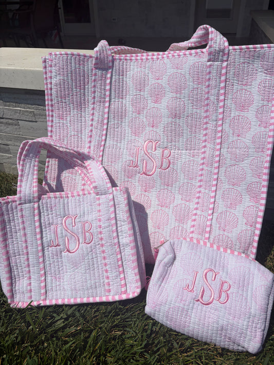 Pink seashell tote, mini tote and makeup bag BUNDLE