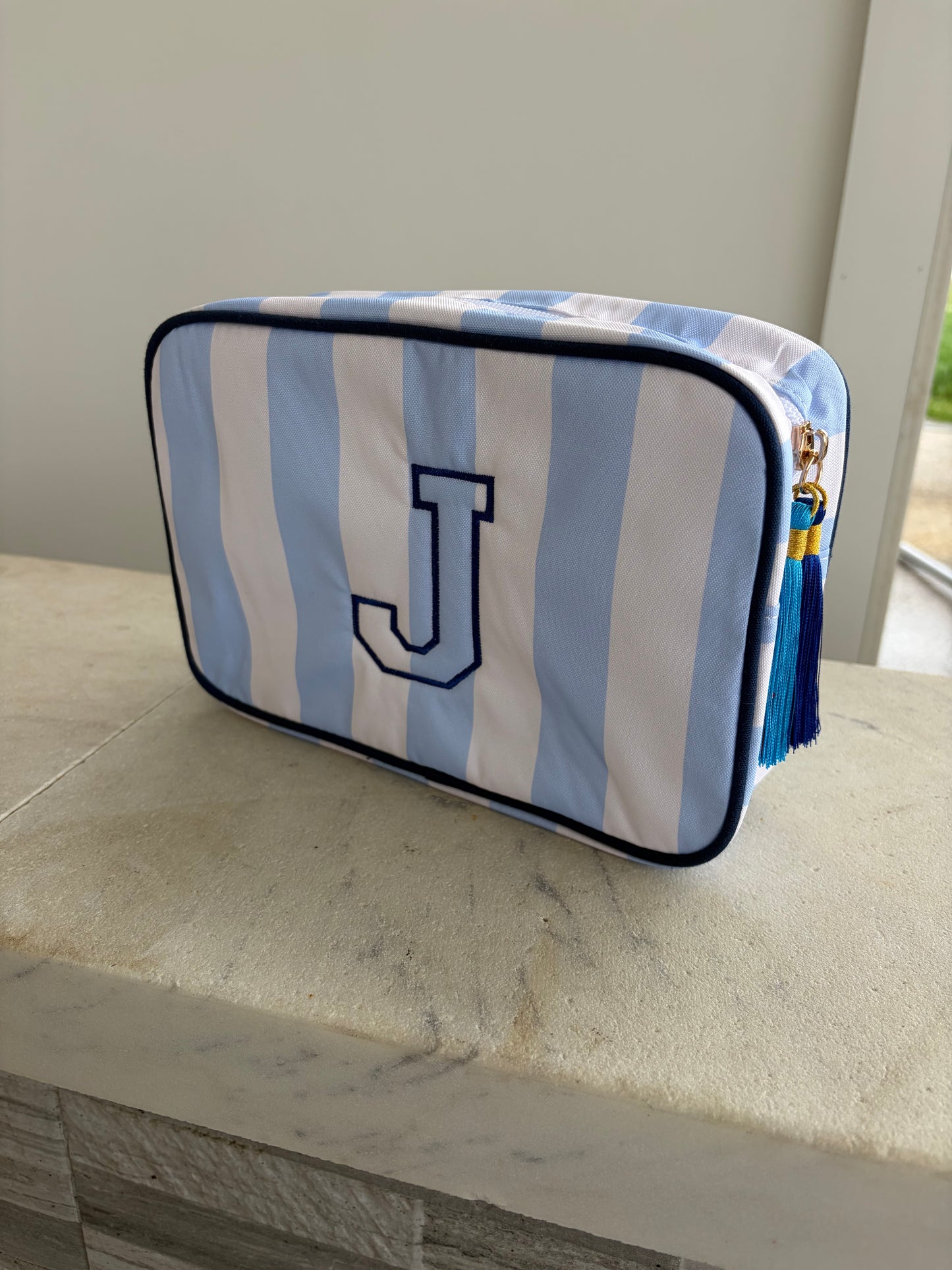 Custom striped makeup bag