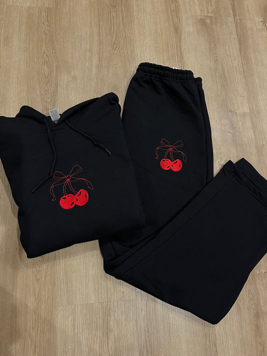 Coquette cherry embroidered hoodie and sweatpants set