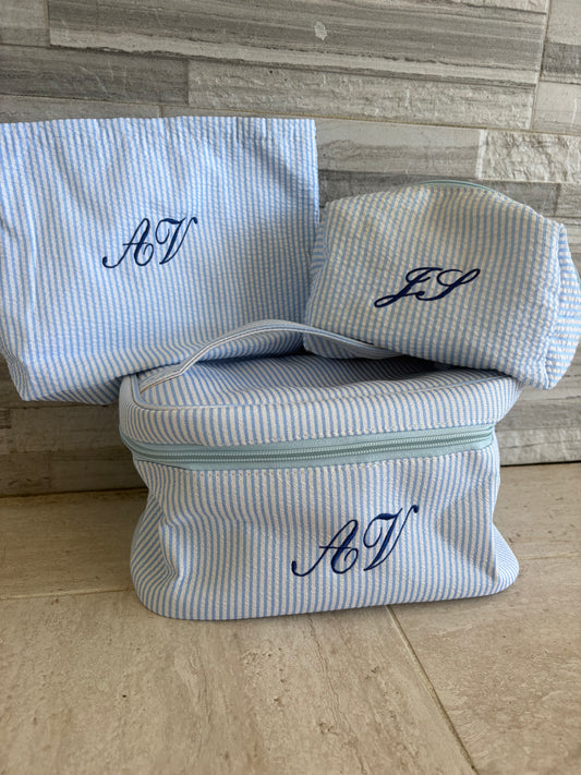 3 piece striped embroidered makeup/toiletry bags