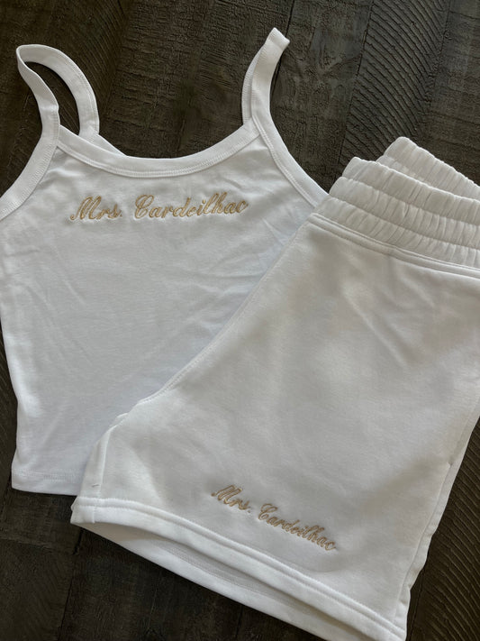 Custom embroidered bride tank and short set