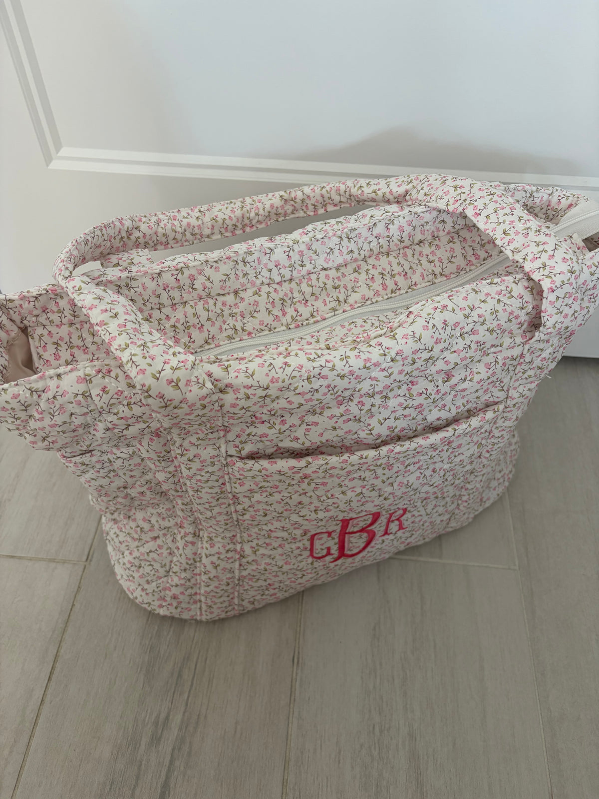 Pink floral monogrammed bag