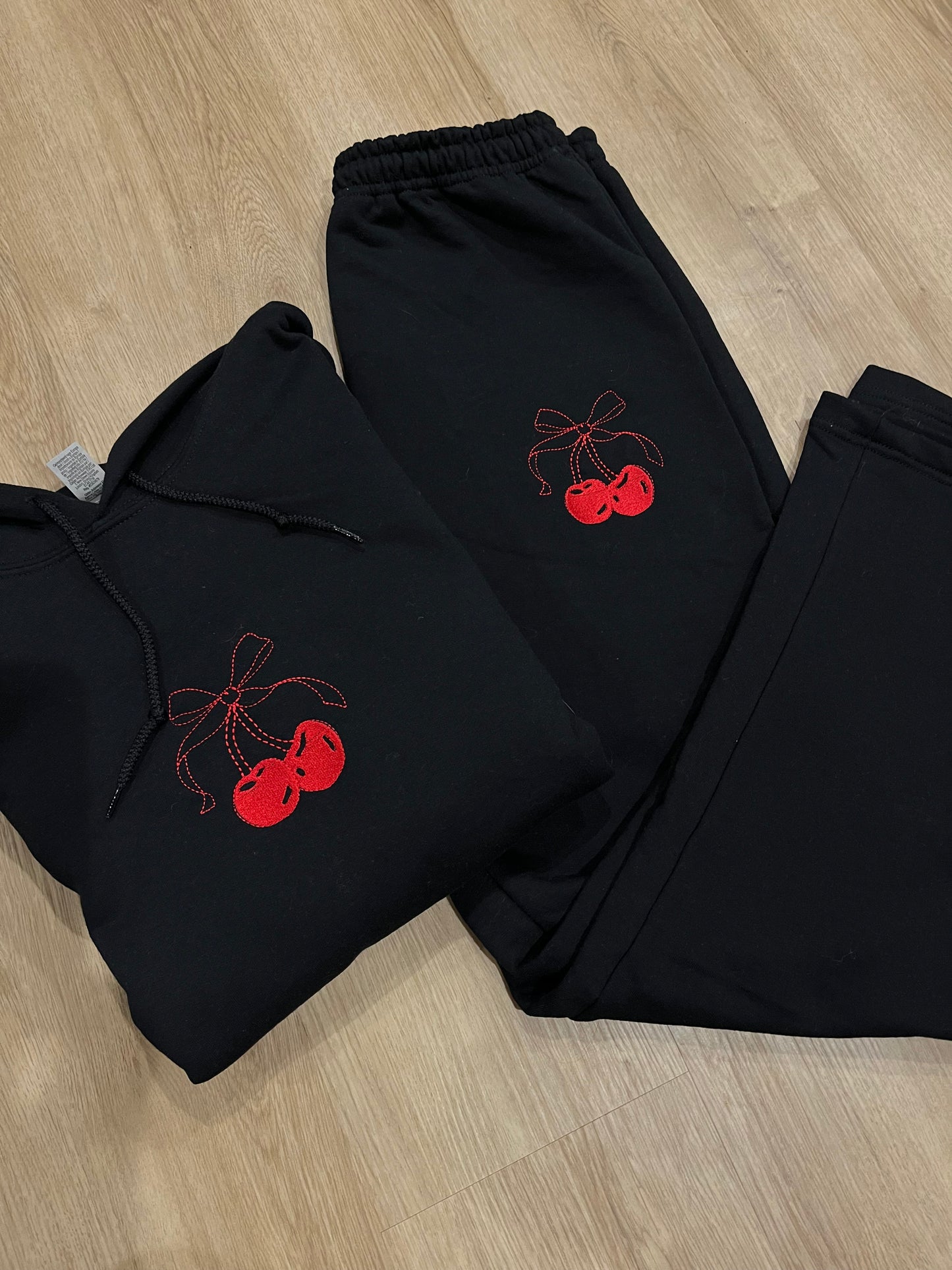 Coquette cherry embroidered hoodie and sweatpants set