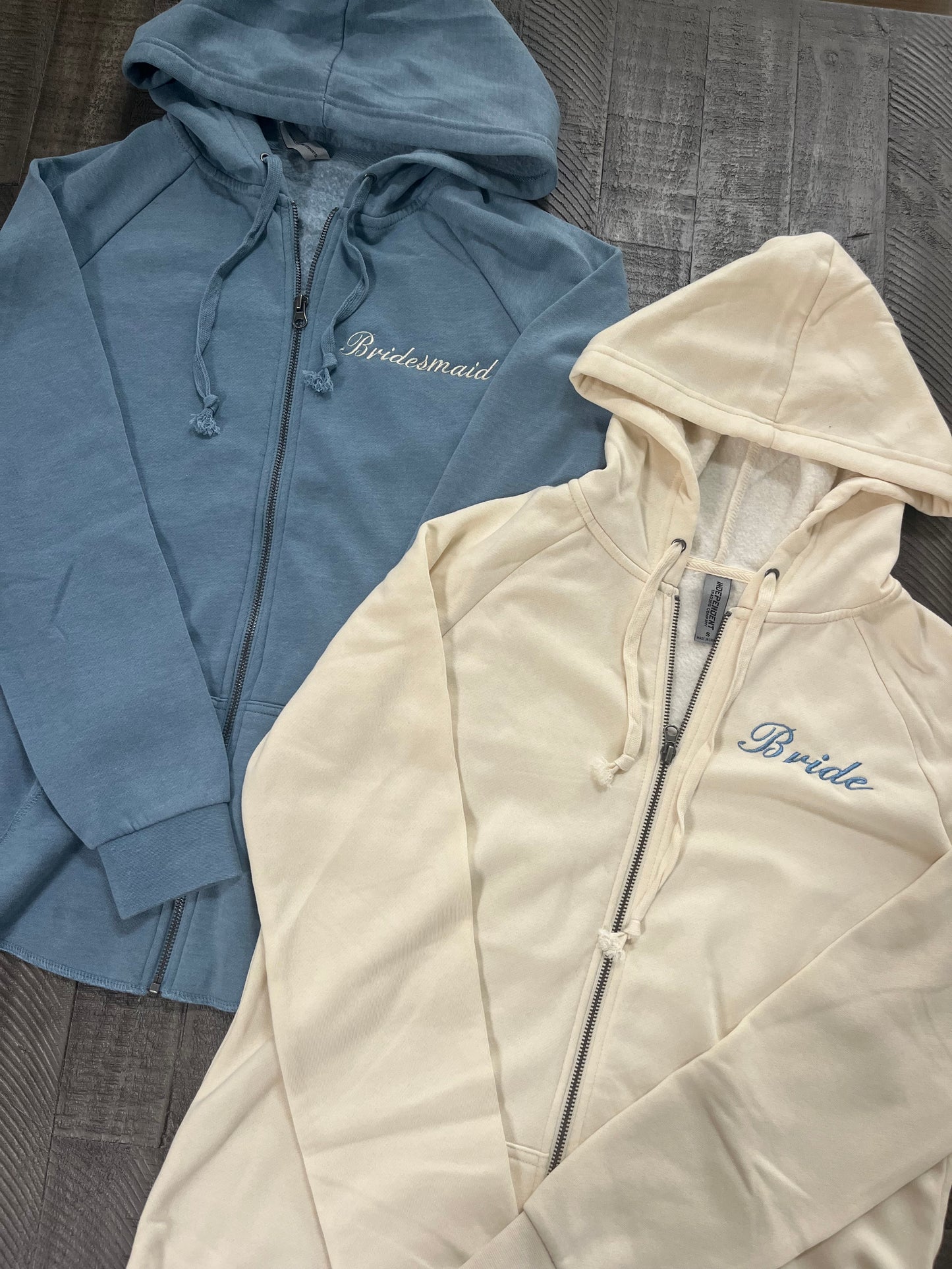 Bride and bridesmaid zip ups