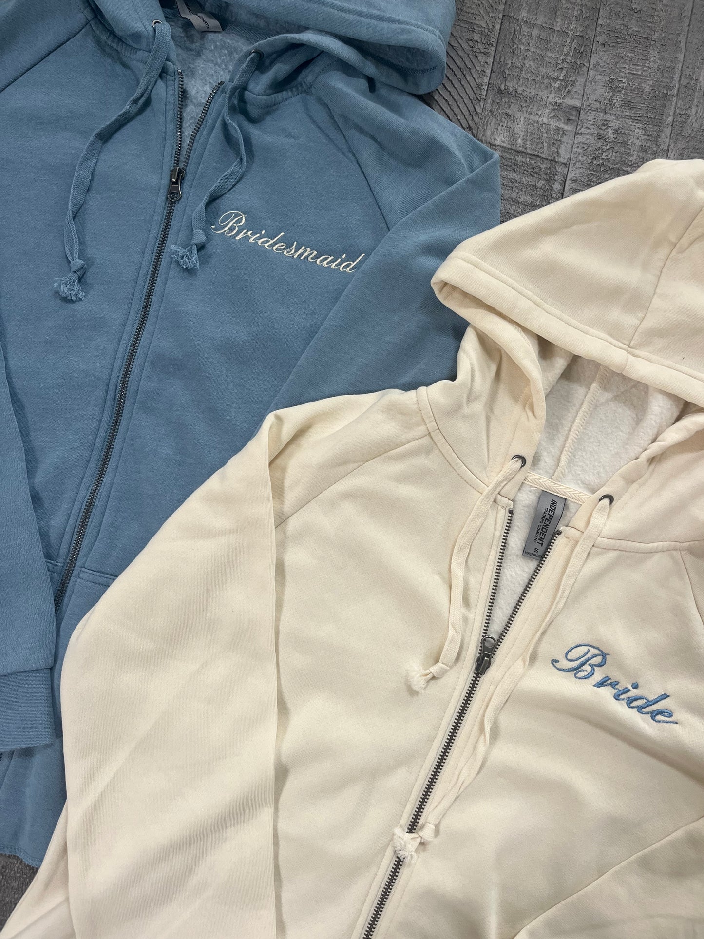 Bride and bridesmaid zip ups